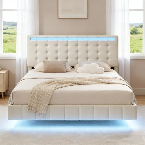BRILVERDE Gepolstertes Bett 160x200 cm, Modernes schwimmendes Bett, LED-Doppelbett mit USB, Jugendbett　mit Kopfteil, Bettgestell mit Lattenrost, Leinen (Beige, 160 x 200 cm)