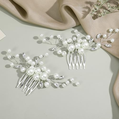 DOPENSPI 2 Stück Hochzeits Perlen Strass Brauthaarspangen Blumenkamm, Perlen Haarkamm für Bräute, Strass Haarspangen für die Hochzeit, Zubehör für Frauen und Mädchen