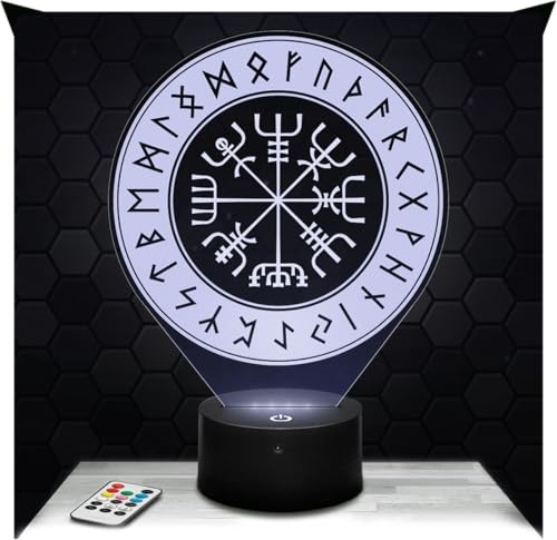 Lampephoto.fr - Lampe Vegvisir 3D Touch Nachtlicht Wikinger-Symbol | Made in France, Sockel & Größe wählbar, dimmbar, Batterie/USB, HD-Lasergravur, Geschenk für Sie & Ihn