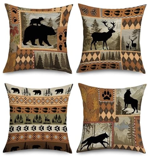 Joymaison Kissenbezüge 45x45 4er Set Braun Wildtier Bär Elch Wolf Tiere | Deko Kissenhülle Vintage Geometrisch Blätter Bauernhaus Kunst Dekorative Kissenbezug Kissen für Couch Sofa