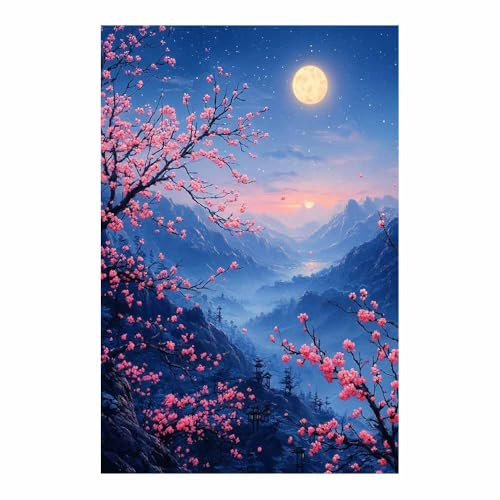 BOHUO Fleurs Roses & Lune Impression sur Toile, Nuit Temple Montagne pour Chambre Asiatique(E1)-50x70cm Sans cadre