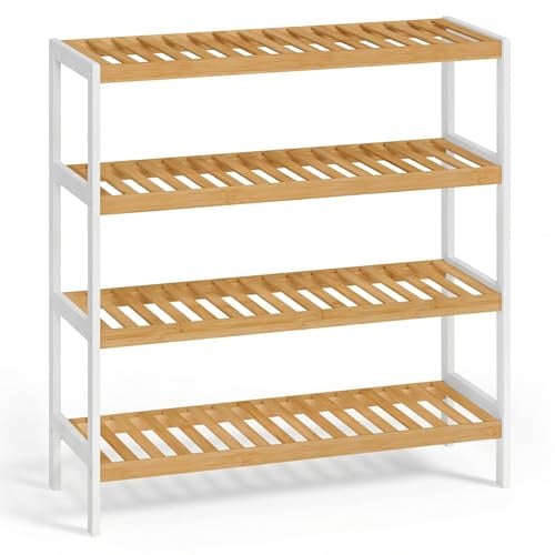 SONGMICS Schuhregal aus Bambus, mit 4 Ebenen, 26 x 70 x 75,5 cm | Schuh-Organizer, Pflanzen, Bücher, Wohnzimmer, Flur, Schlafzimmer, Badezimmer, Tan und Weiß, BAMBOU Kollektion LBS007KZ01