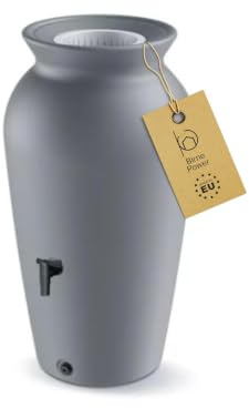 BirnePower Regentonne 120L Grau – Dekoratives Regenfass in antiker Amphoren-Optik mit Filtereinsatz, Ø 49 cm schmaler Wasserspeicher für Garten & Terrasse