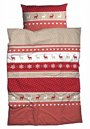 sister s. Fein-Biber-Bettwäsche BERNAU im Landhausstil kuschelige Winterbettwäsche Hirsche Herzen Mustermix (155x220 cm, Rot)