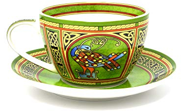 Irish Weave Tasse und Untertasse aus Knochenporzellan, keltisches Pfauen-Design