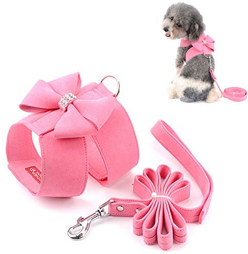 Ranphy Hundegeschirr aus Wildleder mit glitzernden Strasssteinen, kein Ziehen, mit Schleife, weiche Haustierweste mit Leine, verstellbar, für kleine Hunde, für Spaziergänge, Training, Wandern, Rosa,
