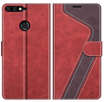 MOBESV Hülle für Huawei Y7 2018 Handyhülle, Lederhülle mit Kartenfach, Klapphülle mit Ständer, Flip Case Handytasche Schutzhülle, Modisch Rot