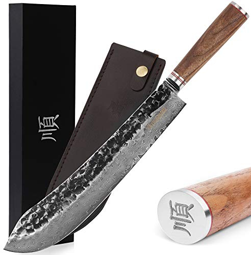 YOUSUNLONG Coltello da damasco/coltello da rottura 12 pollici coltello da chef - Coltello da bistecca giapponese VG10 Cimeter con manico in legno di noce naturale con fodero in pelle