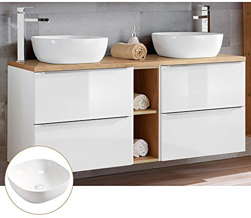 Lomadox Doppel-Waschtisch Set, Unterschrank Hochglanz weiß Wotaneiche, 2 Keramik-Waschbecken, 4 Softclose-Schubkästen, Regal, B/H/T ca.: 141/74,5/46 cm