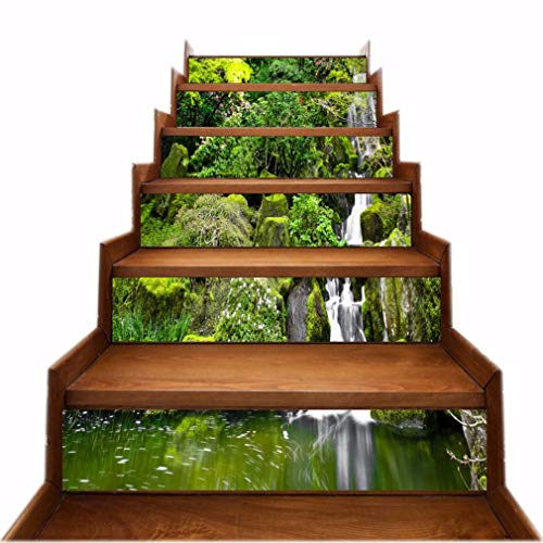 A.Monamour Treppenaufkleber Selbstklebend 3D Muster Bergwald Bäume Wasserfall Natur Vinyl Wasserdicht Treppe Aufkleber Fliesenaufkleber Abziehbilder Wandaufkleber Wandtattoos DIY 6 Stücke