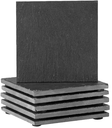 Argon Tableware Square Slate Coasters - 10cm - 6 Piece Drink Coasters Black Stone Natural Slate Smooth Edge Drink Mat Cup Mats for Kitchen, Bar, Restaurant, Weddings, Events