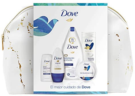 Dove Neceser Mujer Set de Baño con Bolsa de Aseo Gel de Ducha Hidratación Profunda + Loción Corporal Nutrición Esencial + Desodorante Antitranspirante Roll On + Gel Hidroalcohólico + Tarro Crema