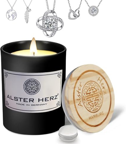 *ALSTER HERZ* Schmuckkerze, Kerze im Glas mit Deckel, handgefertigt, Halskette, Silber, Modeschmuck, ohne Duftstoffe, originelle Geschenkidee, Made in Hamburg (Schwarz)