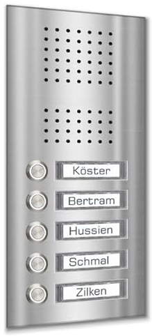 Mehrfamilienklingel Unterputz mit SPRECHSIEB und Namensschildern in verschiedenen Farbtönen (5 Familien)