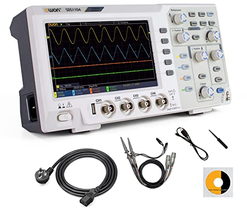 OWON Osciloscopio digital SDS1104 de 100 MHz, decodificador estándar de 1GS/s de 4 canales, osciloscopio de almacenamiento digital LCD de 7 pulgadas compatible con SCPI, y LabVIEW