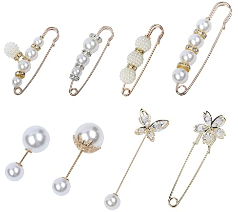 Momeski 8 Stück Damen Brosche Faux Pearl Brosche Set Faux Kristall Sicherheitsnadel Lady Kostümzubehör Formal Dress Strass Boutonniere für Damen Mädchen Kostüm Zubehör