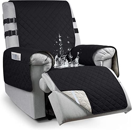 RAPRAP 100% Wasserdicht Sesselschoner für Fernsehsessel, Anti-Rutsch Sesselschoner mit Taschen Armlehne, 1 Sitzer Sesselauflage Passend für Zuhause mit Kindern und Haustieren Hund, Schwarz, S