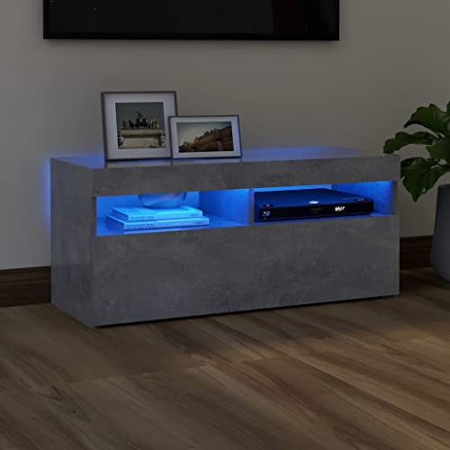 homiuse Meuble TV avec Lumières LED Gris Béton 90x35x40 cm Aggloméré Support de TV Espace de Stockage Suffisant Meuble HiFi Table TV Meuble Télévision pour Salon Chambre Armoire TV