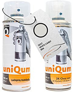 UniQum Autolack + Klarlack 2K Spraydose für SEAT WHITE CANDY B9A Autolack Reparatur 2 x 400 ml