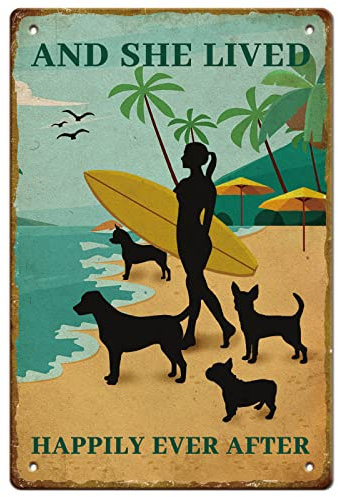 SUPERDANT Surfing Girl Blechschild 4 Hunde Strand Vintage Metallblechschilder She Lived Happily Lustige Wandkunst Malerei Metalldekor Für Beach Park Beach House Bar Mädchenzimmer Zaun