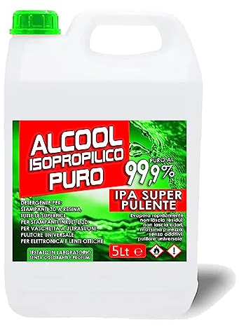 IPA 99.9 SUPER PULENTE Detergente Isopropanolo Alcool, Prodotto Puro al 99.9% - Alcool Isopropilico per Pulizia Casa, Ufficio, Elettronica, Pulizia Stampa 3D, Vasche Ultrasuoni, Multiuso, tanica 5lt