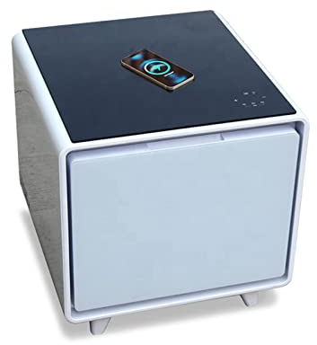 BEdaw Smart Bedside Table, Smart Homeniture Silver Gray Metallic Side Table Nightstand for Living Room with Wireless Charger USB, with 2/3 Drawers Fridge