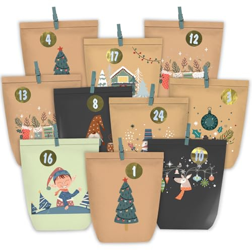 PANSIBY Adventskalender zum Befüllen, 24 Weihnachtskalender Papiertüten mit Zahlen Aufkleber zum Selber Basteln, Geschenktüten Advents für Kinder und Erwachsene