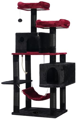 Hey-brother Gothic Large Multi-Level Cat Tree Condo Furniture with Sisal-Covered Scratching Posts, 2 Bigger Plush Condos, Perch Hammock for Kittens, Cats and Pets, Black and Red MPJ020BR