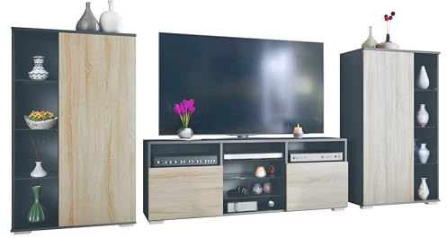 Vladon Wohnwand Davos, Anbauwand bestehend aus 2 Vitrinen und 1 TV-Board, Anthrazit matt/Eiche sägerau (329 x 134 x 35 cm)