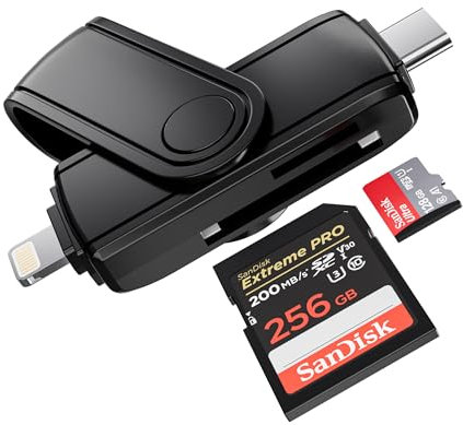 Lector de Tarjetas SD para iPhone iPad, Adaptador de Tarjetas SD de Memoria con Conector Doble Lightning y USB-C, Compatible con Tarjetas SD/Micro SD, Visor de Alta Velocidad para cámaras Trail