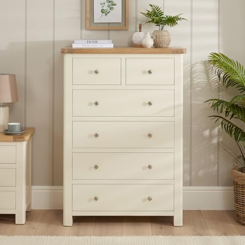 The Furniture Market Marbury Cream | Painted Two Over Four Drawer Chest | Tall Solid Wood Storage Unit | Whitewashed Oak | Cup & Knob Handles | Fully Assembled | H 1200mm x W 850mm x D 400mm