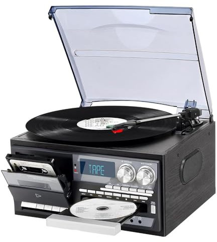 3 Speed Bluetooth Vintage Turntable Vinyl Record Player with Built In Speakers, CD and Cassette Player - Less Noise, Frosted Dust Cover - for Entertainment