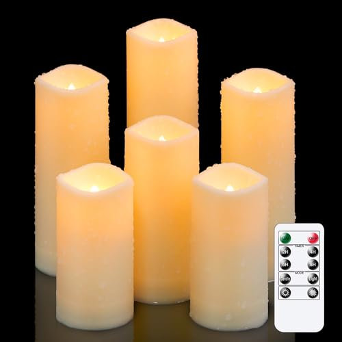 Mavandes LED wasserdichte batteriebetriebene Outdoor-Kerzen, flackernd mit Fernbedienung und Timer, Set aus 6 flammenlosen Plastik-Stumpenkerzen in Elfenbein, Größen: 5,5cm x 10, 12,5, 15, 17,5cm