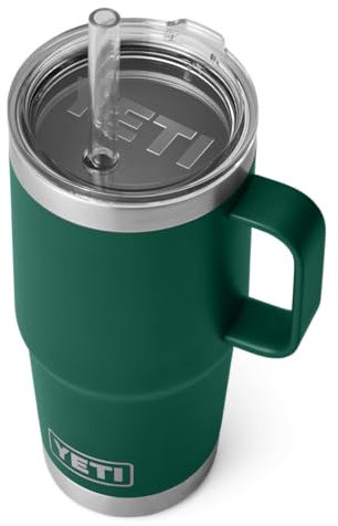 YETI Rambler Straw Mug, Stainless Steel Vacuum Insulated Mug with Stronghold Lid, Black Forest Green, 25 oz (739 ml)