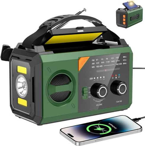 Radio de emergencia de manivela – Radio solar portátil meteorológica AMFM NOAA con linterna de 3 modos y lámpara de lectura, conector para auriculares, cargador de teléfono celular, SOS para