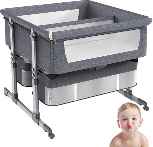 Gvqng Babybett FüR Zwillinge, Stubenbettchen Als Beistellbett, Stubenbettchen Als Beistellbettchen FüR Babys, Reise-Stubenbettchen FüR Babys, Faltbar, Stubenbettchen,Grau