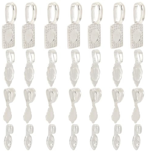 SUNNYCLUE 1 Box 24Pcs 4 Style Silver Bail Charms Glue On Charm Base Metal Brass Antique Teardrop Leaf Rectangle Basic Blank Bezel Tray Cabochons Charm for Jewellery Making Charms DIY Crafts Findings