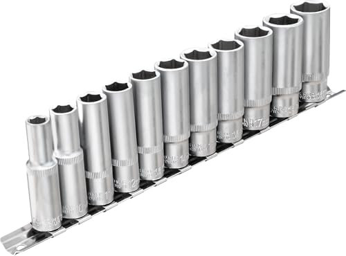 DAKCOS Juego de 11 llaves hexagonales largas, llaves de vaso métricas de 3/8 pulgadas, juego de enchufes de 8-19 mm con riel de metal para reparación de automóviles y bricolaje, CR-V, 63 mm de largo