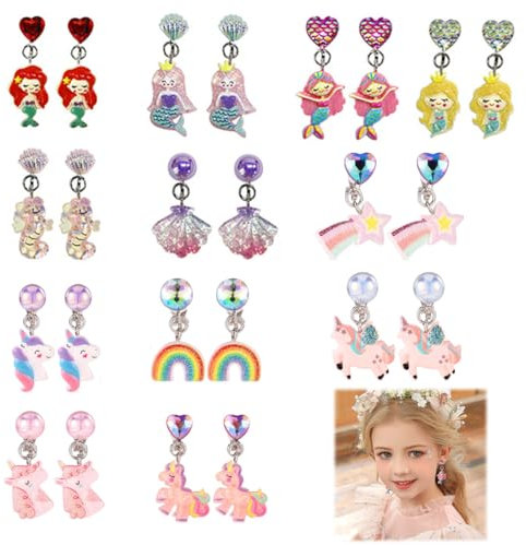12 Paar Klipp Ohrringe Kinder Mädchen, Ohrclips Mädchen, Ohrklipser Kinder, Clip Ohrringe Magnet, Einhorn-Meerjungfrau-Prinzessin-Ohrring Set
