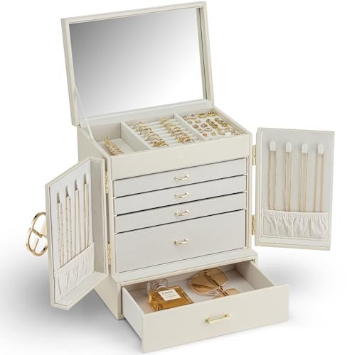 Vlando Grande boîte à bijoux française à 6 niveaux - Organiseur de bijoux - Grande taille XXL - Avec miroir, tiroirs, rangement de bijoux pour femme - Pour boucles d'oreilles, colliers, montres (beige