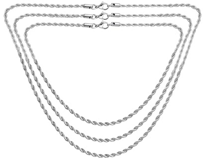 Set di tre collane a catena in acciaio inossidabile tono argento unisex classiche forti semplici con cavo intrecciato da 3 mm 040 gauge per uomini, donne, adolescenti da 18, 20 e 24 pollici.