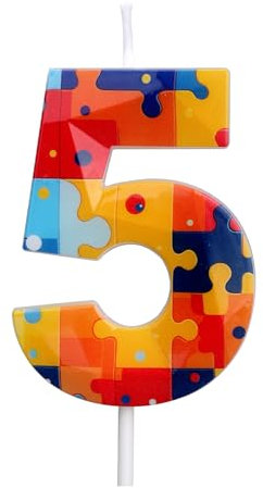 Building Block Puzzle Number Birthday Cake Candles, Multicolor Block Puzzle Cake Topper Numeral 0 1st 2nd 3rd 4th 5th 6th 7th 8th 9th Birthday Candles for Kids Boys Lego Party Supplies (Number 5)
