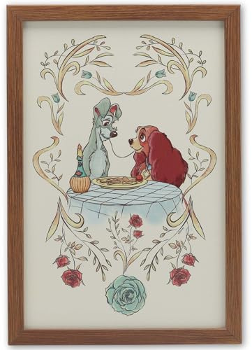 Disney Lady and the Tramp Spaghetti Scene Framed Wood Wall Decor | Romantic Classic Movie Wall Art for Home