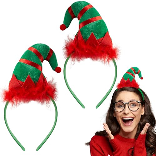 JOYIN 2 Stück Elfen-Stirnbänder mit Pelzmütze, grünes und rotes Mini-Stirnband, Weihnachtselfenmütze, Weihnachtselfenmützen-Zubehör, Spielzeuggeschenke für Weihnachtsfeiern