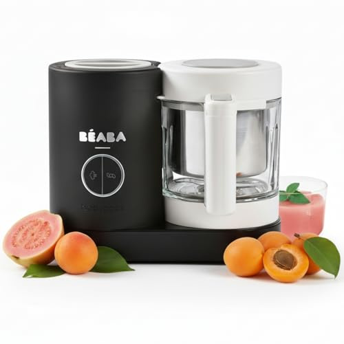 BÉABA Babycook Néo – 6-in-1 Babynahrungszubereiter, Mixer & Dampfgarer, Made in France, Glas-Schüssel & Edelstahl-Behälter, Sanftes und Schnelles Dampfgaren, Hausgemachte Breie – Schwarz