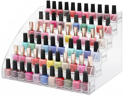 Itoyx 2 Pcs Nail Polish Organizer, Clear Acrylic 6-Tier Display Stand, Countertop Nail Polish Holder for Salon & Home, Lipstick Cosmetic Storage, Trapezoid Nail Case Shelves