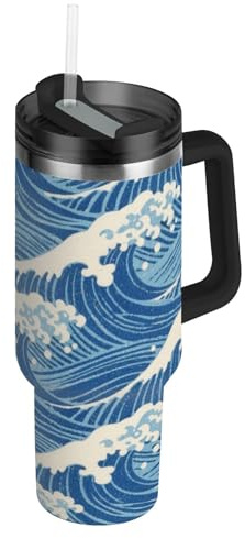Japanese Style Waves Blue Vacuum Reusable Water Bottle with Straw with Lid and Straw Decorative Camping Mug for School, Sports, Daycare, Camp & More botellas de Acero inoxidable para agua 40oz