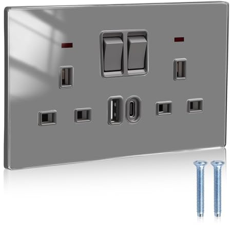 Black Double Socket with TypeC&usbA,Double Switched Plug Sockets 2Gang 13A