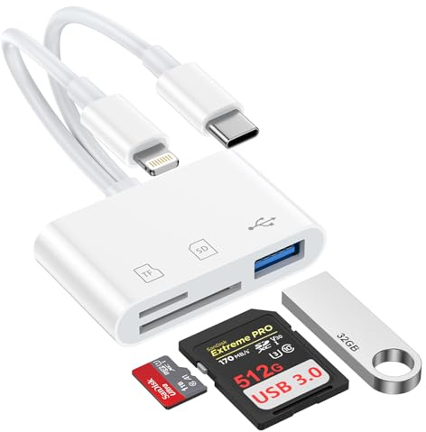 Lecteur Adaptateur Carte SD pour iPhone, 3 in 2 Adaptateur Lightning USB C | vers SD/Micro SD/USB OTG, [Certifié Apple MFi] Lecteur de Carte SD pour iPhone 16/15/14/13/Pad/Samsung/Appareil Photo