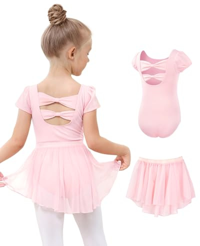 JiAmy Girls Ballet Leotards, Short Sleeved Ballet Dress with Removable Dance Skirt, Kid Children Toddler Ballerina Costume Hollow Back Dance Dress Dancewear for 2-11 Years